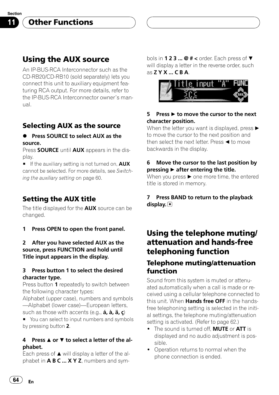 Other functions, Using the aux source 64, Selecting aux as the source 64 | Setting the aux title 64, Using the telephone muting/attenuation and, Hands-free telephoning function 64, Telephone muting/attenuation, Function 64, Using the aux source | Pioneer DEH-P9600MP User Manual | Page 64 / 164