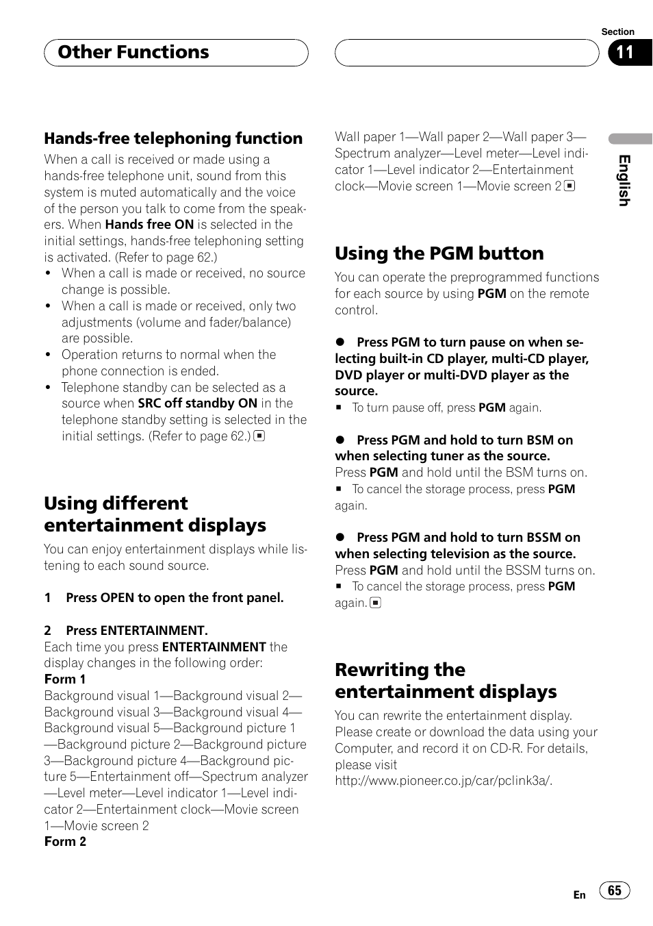 Hands-free telephoning function 65, Using different entertainment displays 65, Using the pgm button 65 | Rewriting the entertainment displays 65, Using different entertainment displays, Using the pgm button, Rewriting the entertainment displays, Other functions | Pioneer DEH-P9600MP User Manual | Page 65 / 164