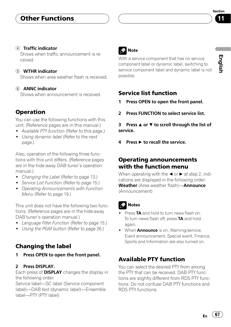 Operation 67, Changing the label 67, Service list function 67 | Operating announcements with the, Function menu 67, Available pty function 67, Other functions, Operation, Changing the label, Service list function | Pioneer DEH-P9600MP User Manual | Page 67 / 164