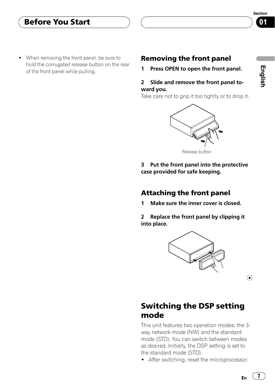 Removing the front panel 7, Attaching the front panel 7, Switching the dsp setting mode 7 | Switching the dsp setting mode, Before you start | Pioneer DEH-P9600MP User Manual | Page 7 / 164