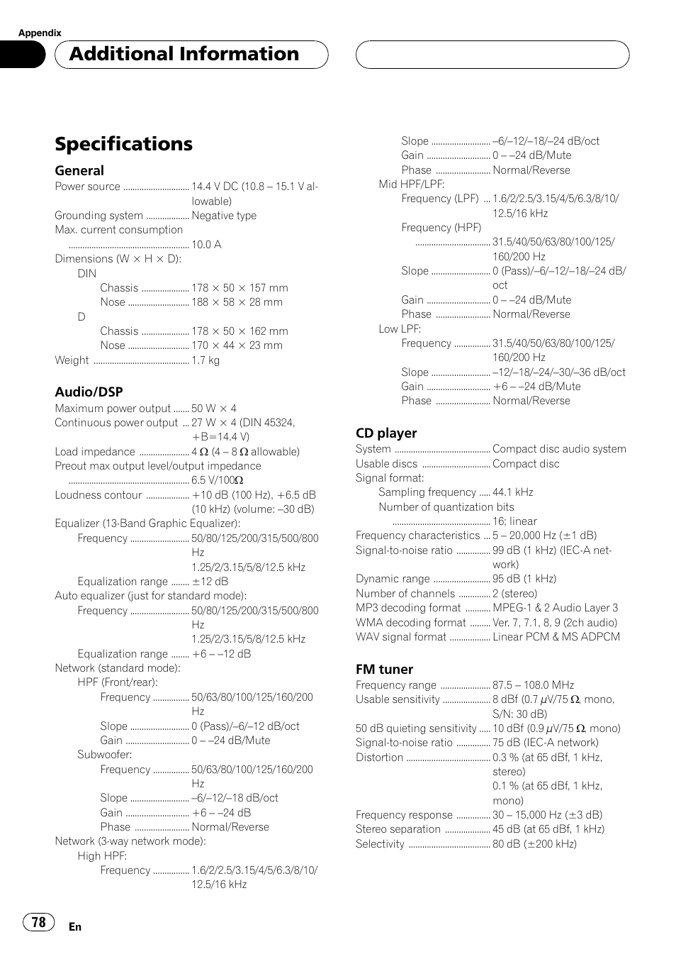 Specifications 78, Specifications, Additional information | General, Audio/dsp, Cd player, Fm tuner | Pioneer DEH-P9600MP User Manual | Page 78 / 164