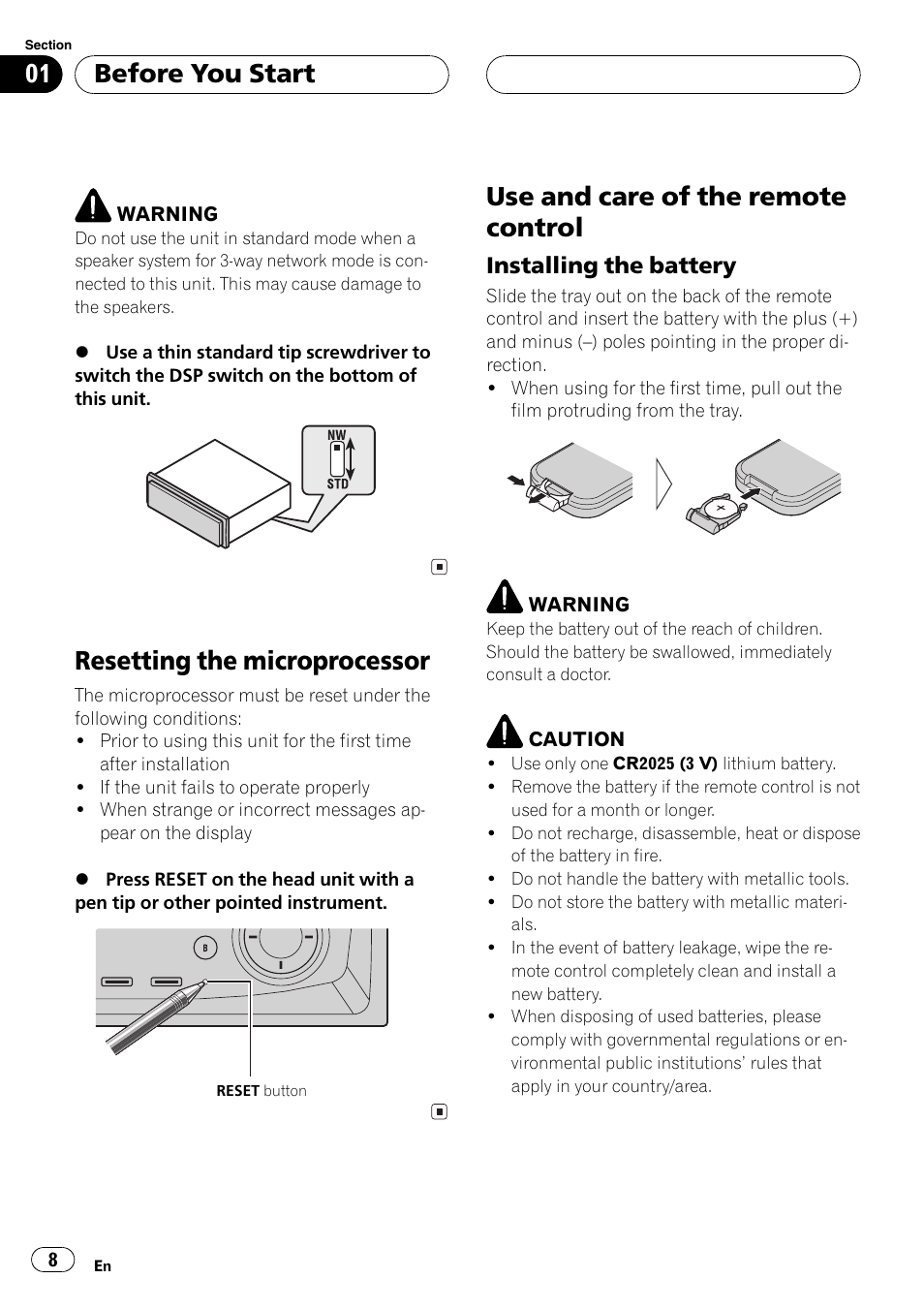 Resetting the microprocessor 8, Use and care of the remote control 8, Installing the battery 8 | Resetting the microprocessor, Use and care of the remote control, Before you start, Installing the battery | Pioneer DEH-P9600MP User Manual | Page 8 / 164