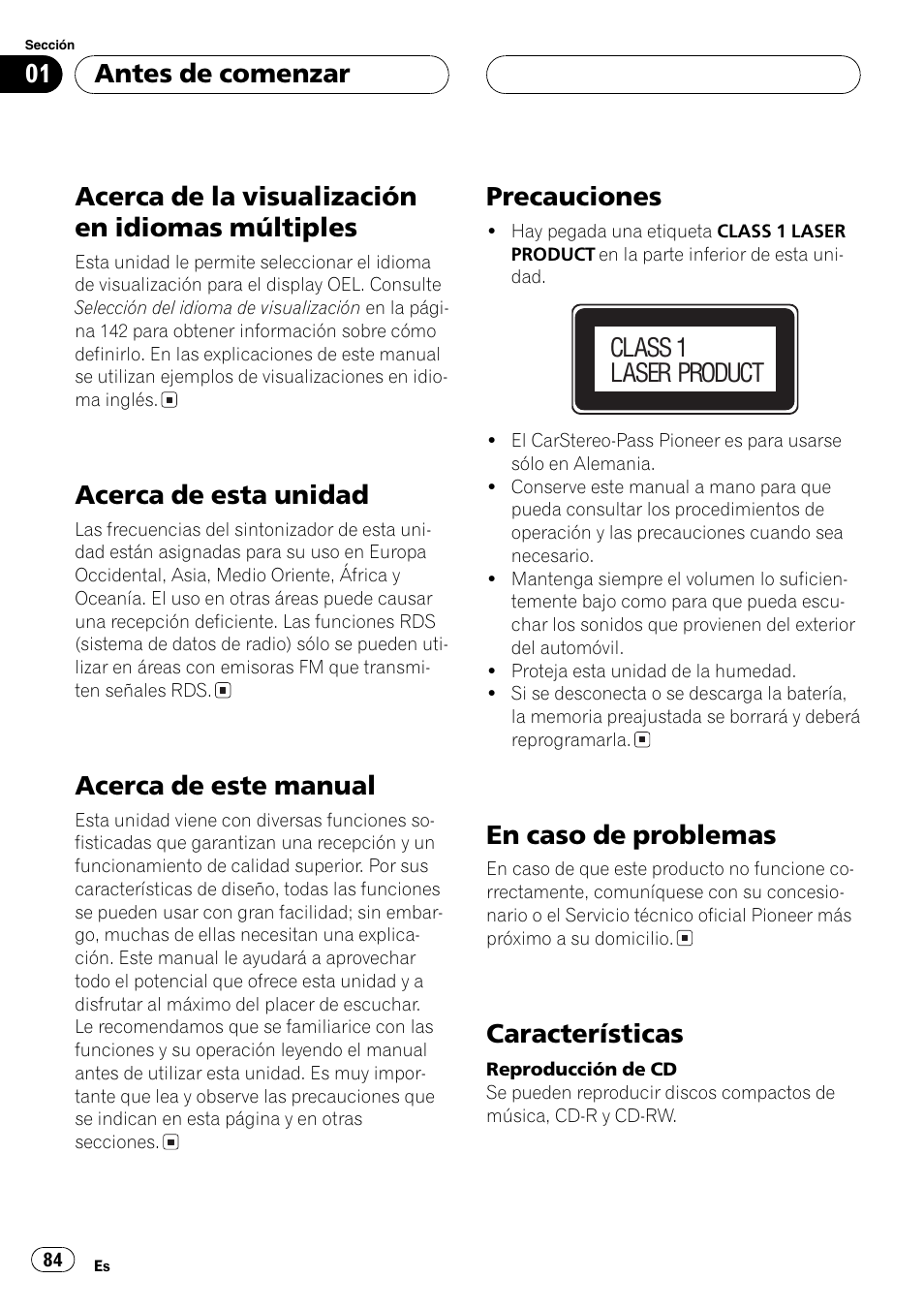 Múltiples 84, Acerca de esta unidad 84, Acerca de este manual 84 | Precauciones 84, En caso de problemas 84, Características 84, Acerca de la visualización en idiomas múltiples, Acerca de esta unidad, Acerca de este manual, Precauciones | Pioneer DEH-P9600MP User Manual | Page 84 / 164