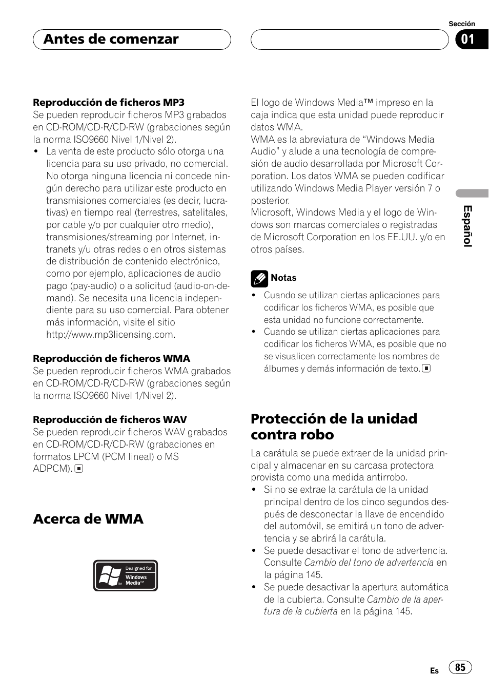 Acerca de wma 85, Protección de la unidad contra robo 85, Acerca de wma | Protección de la unidad contra robo, Antes de comenzar | Pioneer DEH-P9600MP User Manual | Page 85 / 164