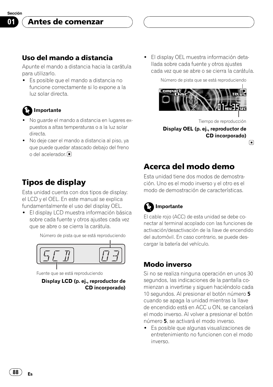 Uso del mando a distancia 88, Tipos de display 88, Acerca del modo demo 88 | Modo inverso 88, Tipos de display, Acerca del modo demo, Antes de comenzar, Uso del mando a distancia, Modo inverso | Pioneer DEH-P9600MP User Manual | Page 88 / 164