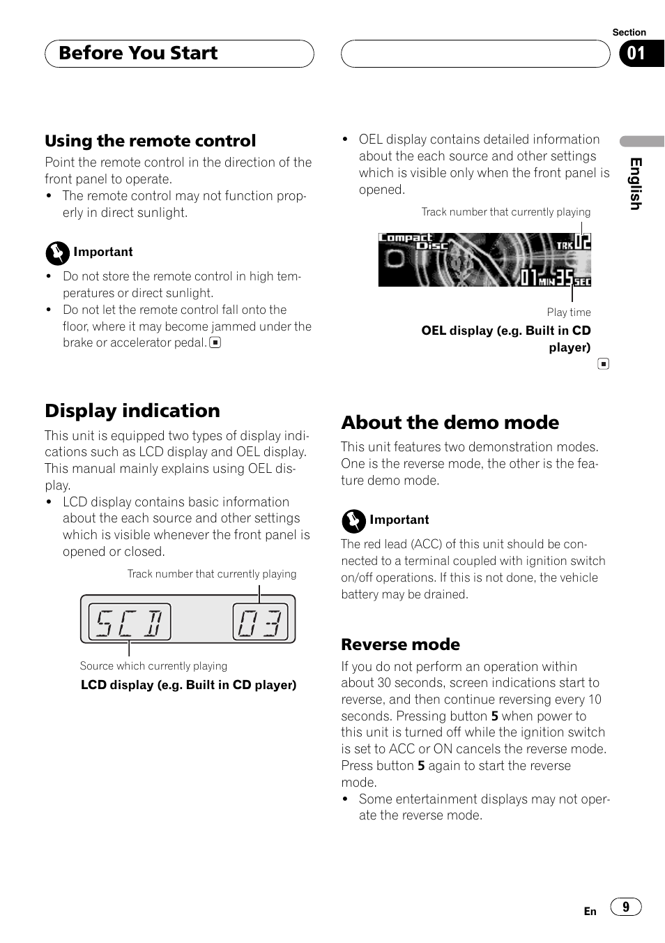 Using the remote control 9, Display indication 9, About the demo mode 9 | Reverse mode 9, Display indication, About the demo mode, Before you start, Using the remote control, Reverse mode | Pioneer DEH-P9600MP User Manual | Page 9 / 164