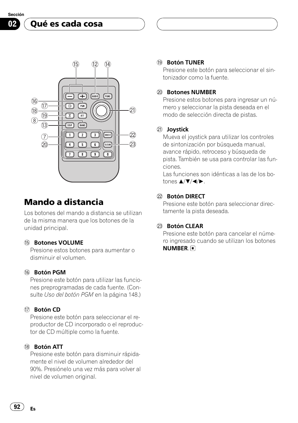 Mando a distancia 92, Mando a distancia, Qué es cada cosa | Pioneer DEH-P9600MP User Manual | Page 92 / 164