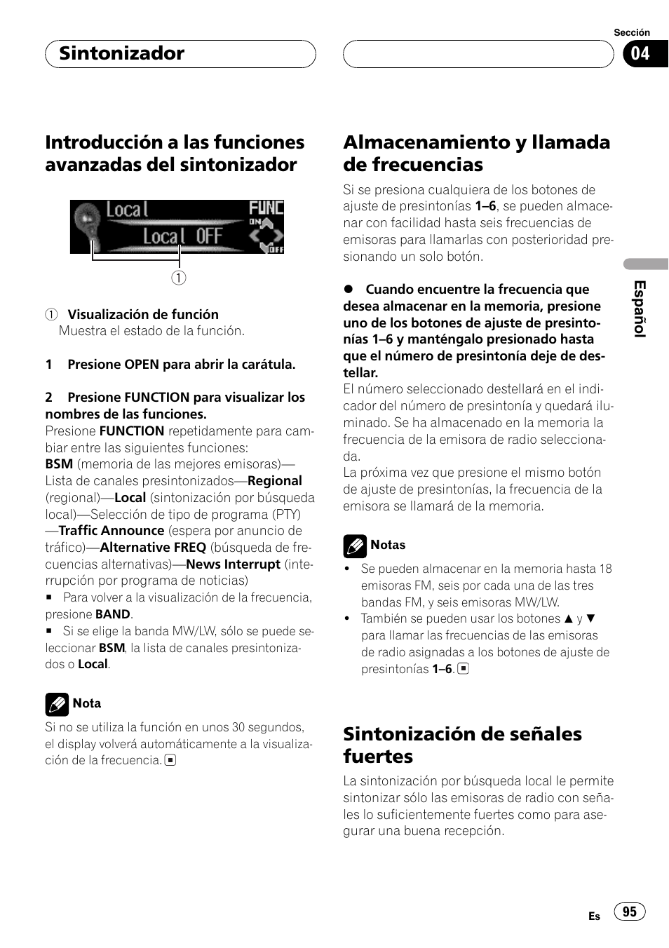 Introducción a las funciones avanzadas del, Sintonizador 95, Almacenamiento y llamada de | Frecuencias 95, Sintonización de señales fuertes 95, Almacenamiento y llamada de frecuencias, Sintonización de señales fuertes, Sintonizador | Pioneer DEH-P9600MP User Manual | Page 95 / 164