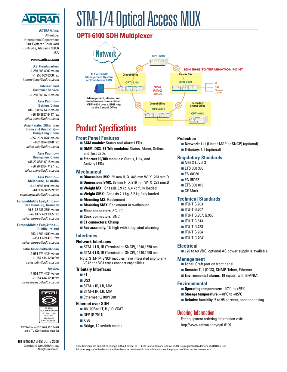 Stm-1/4 optical access mux, Product specifications, Network | Opti-6100 sdh multiplexer, Ordering information, Front panel features, Mechanical, Interfaces, Regulatory standards, Technical standards | ADTRAN OPTI-6100 SDH User Manual | Page 2 / 2