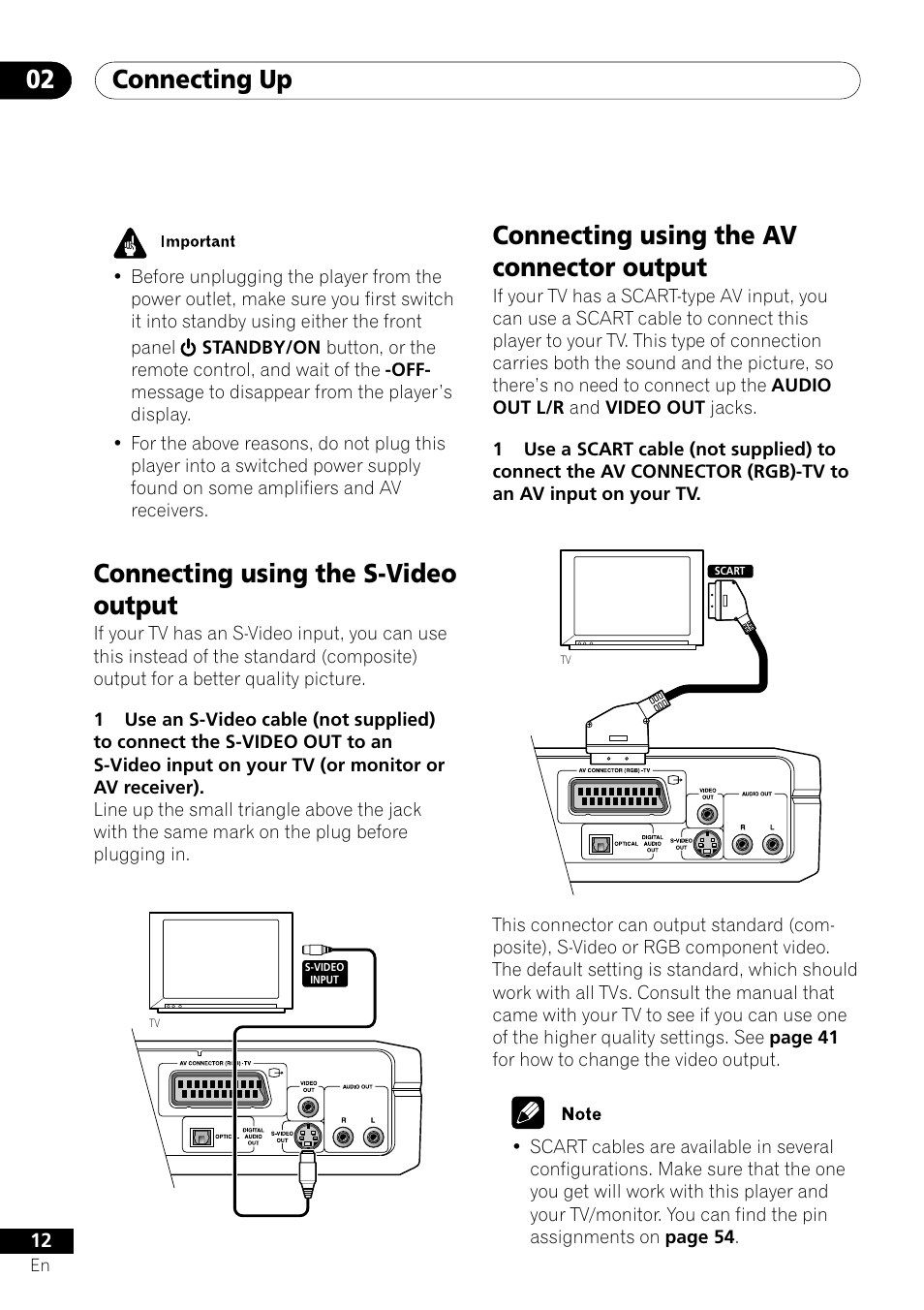 Connecting up 02, Connecting using the s-video output, Connecting using the av connector output | Pioneer DV-U7 User Manual | Page 12 / 56