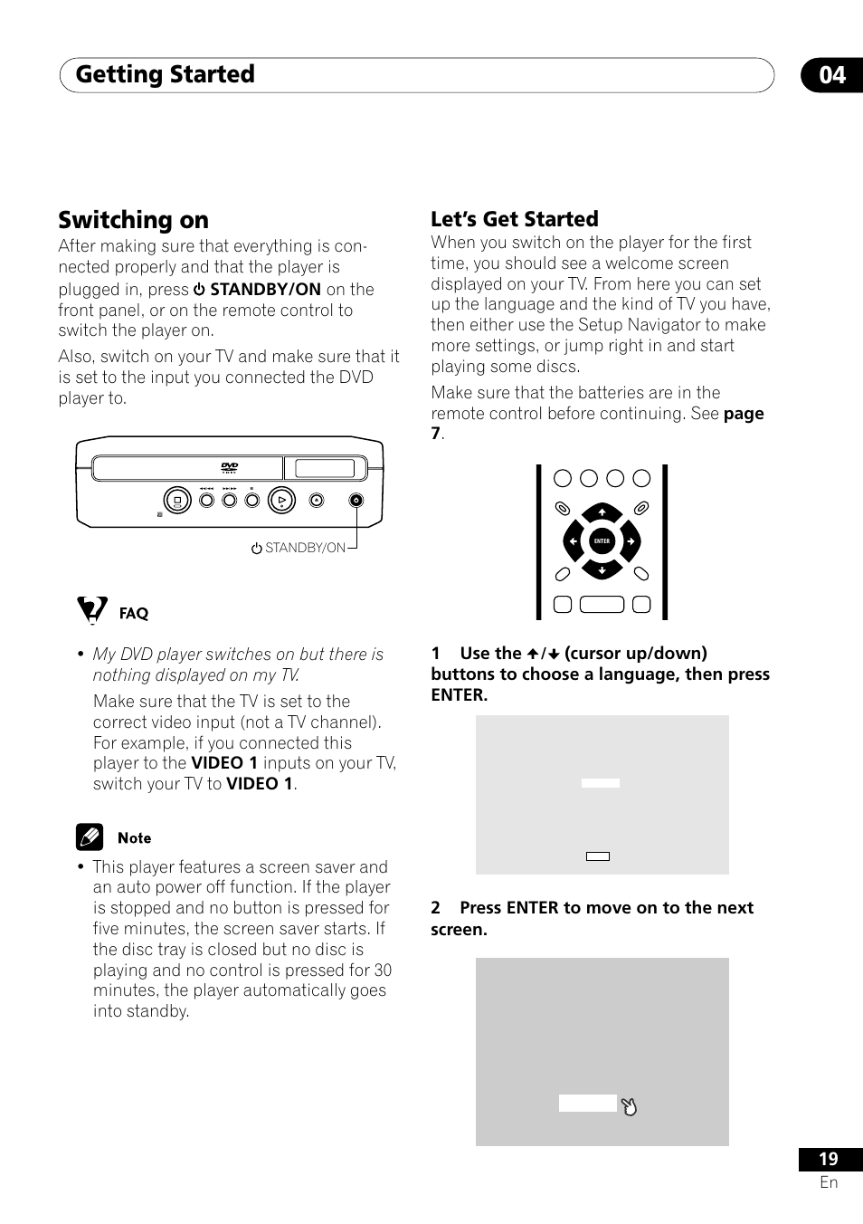 Switching on, Let’s get started, Getting started 04 | 1use the, 2press enter to move on to the next screen | Pioneer DV-U7 User Manual | Page 19 / 56