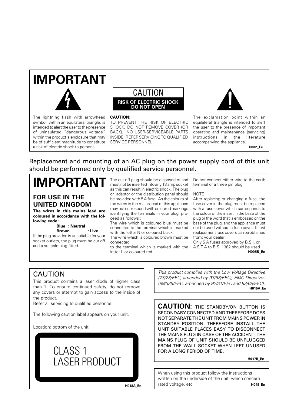 Important, Class 1 laser product, Caution | For use in the united kingdom | Pioneer DV-U7 User Manual | Page 2 / 56