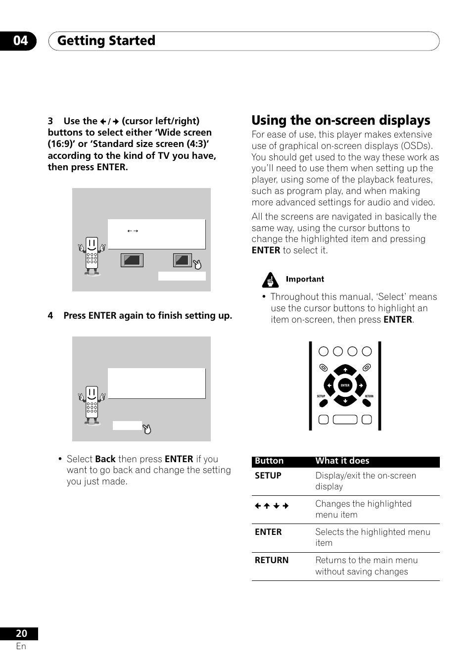Using the on-screen displays, Getting started 04, 3use the | 4press enter again to finish setting up | Pioneer DV-U7 User Manual | Page 20 / 56
