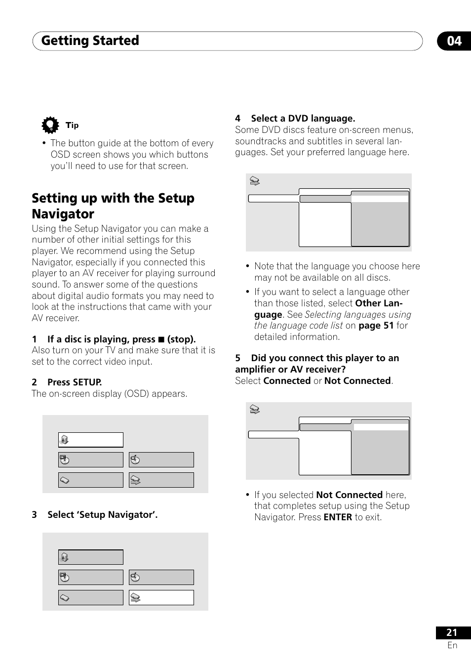 Setting up with the setup navigator, Getting started 04, 3select ‘setup navigator | Pioneer DV-U7 User Manual | Page 21 / 56