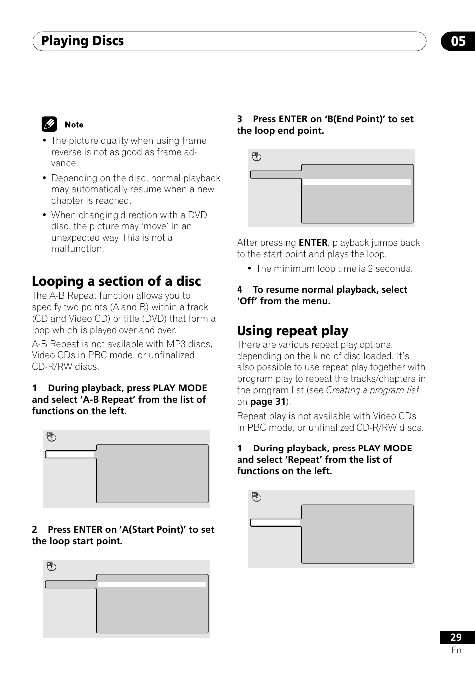 Looping a section of a disc using repeat play, Playing discs 05, Using repeat play | Pioneer DV-U7 User Manual | Page 29 / 56