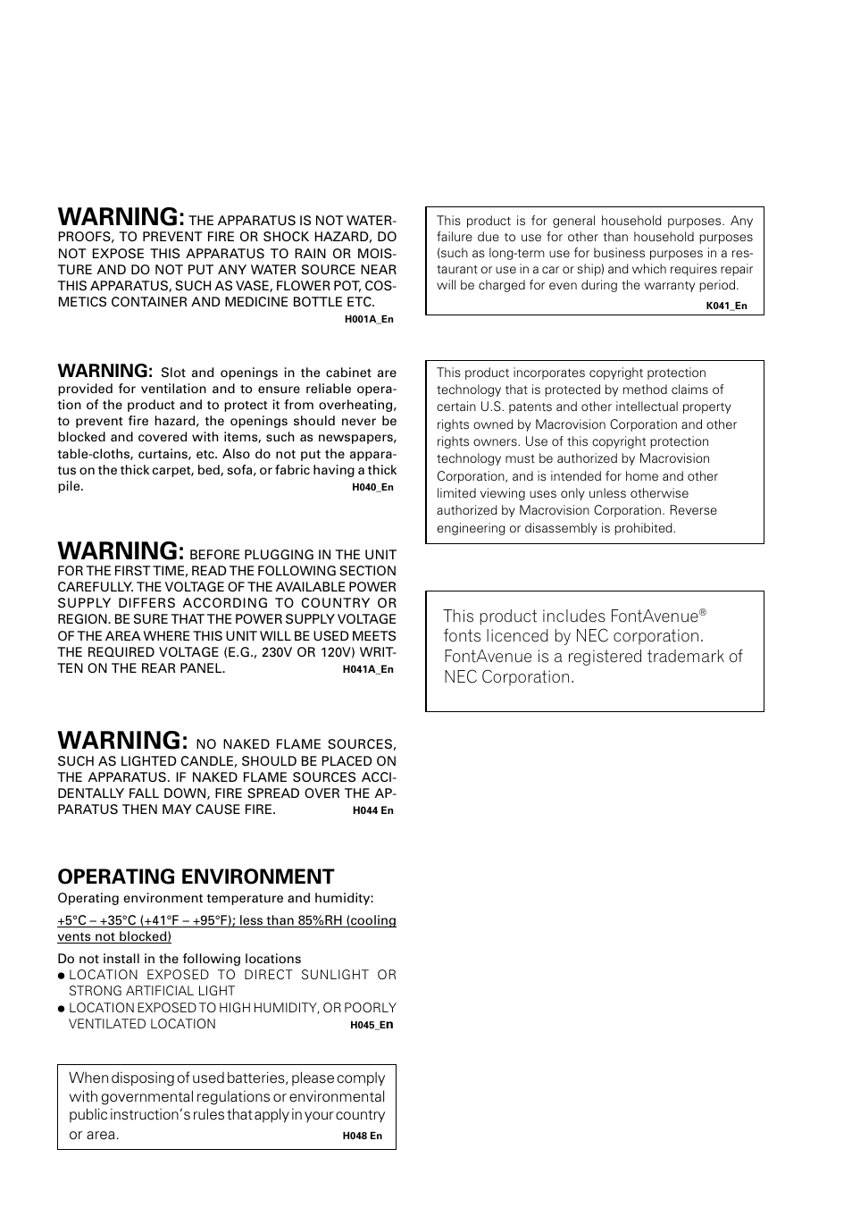 Warning, Operating environment, This product includes fontavenue | Pioneer DV-U7 User Manual | Page 3 / 56