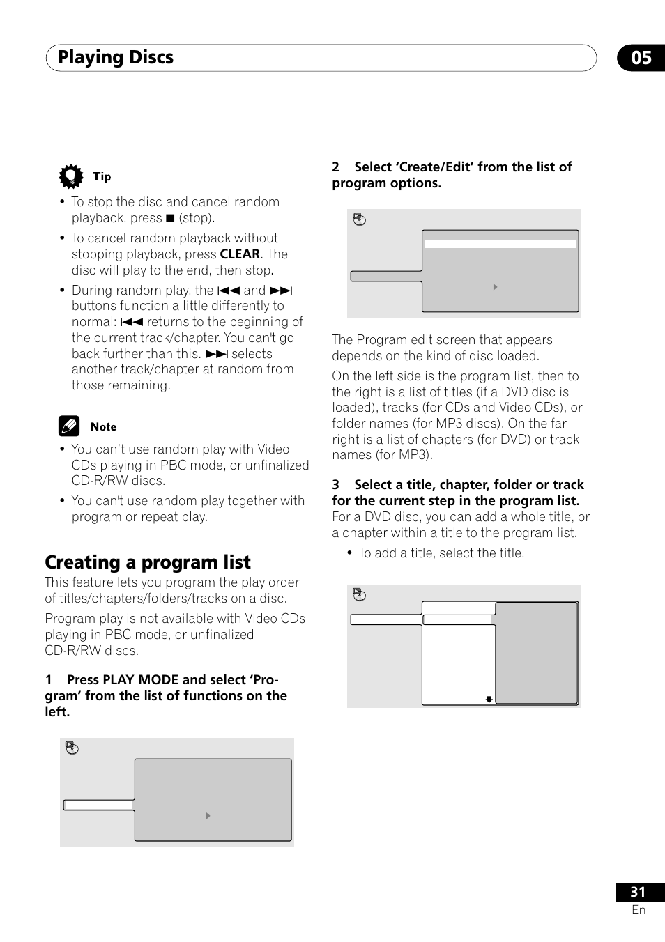 Creating a program list, Playing discs 05 | Pioneer DV-U7 User Manual | Page 31 / 56