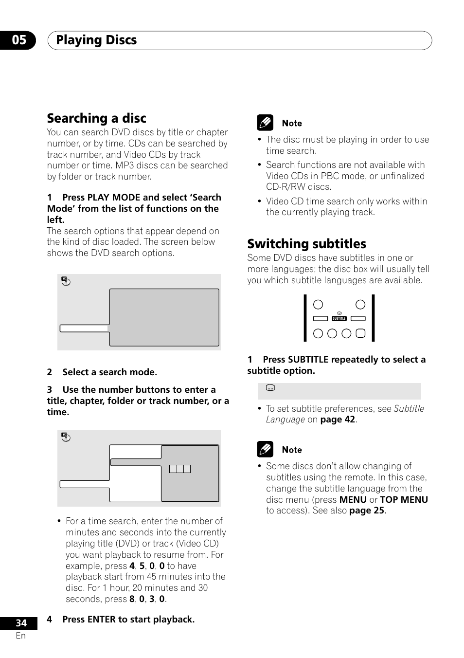 Searching a disc switching subtitles, Playing discs 05, Searching a disc | Switching subtitles | Pioneer DV-U7 User Manual | Page 34 / 56