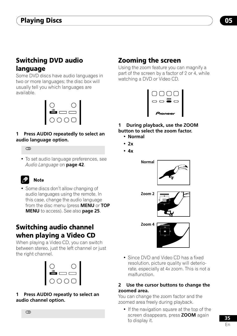 Playing discs 05, Switching dvd audio language, Switching audio channel when playing a video cd | Zooming the screen | Pioneer DV-U7 User Manual | Page 35 / 56