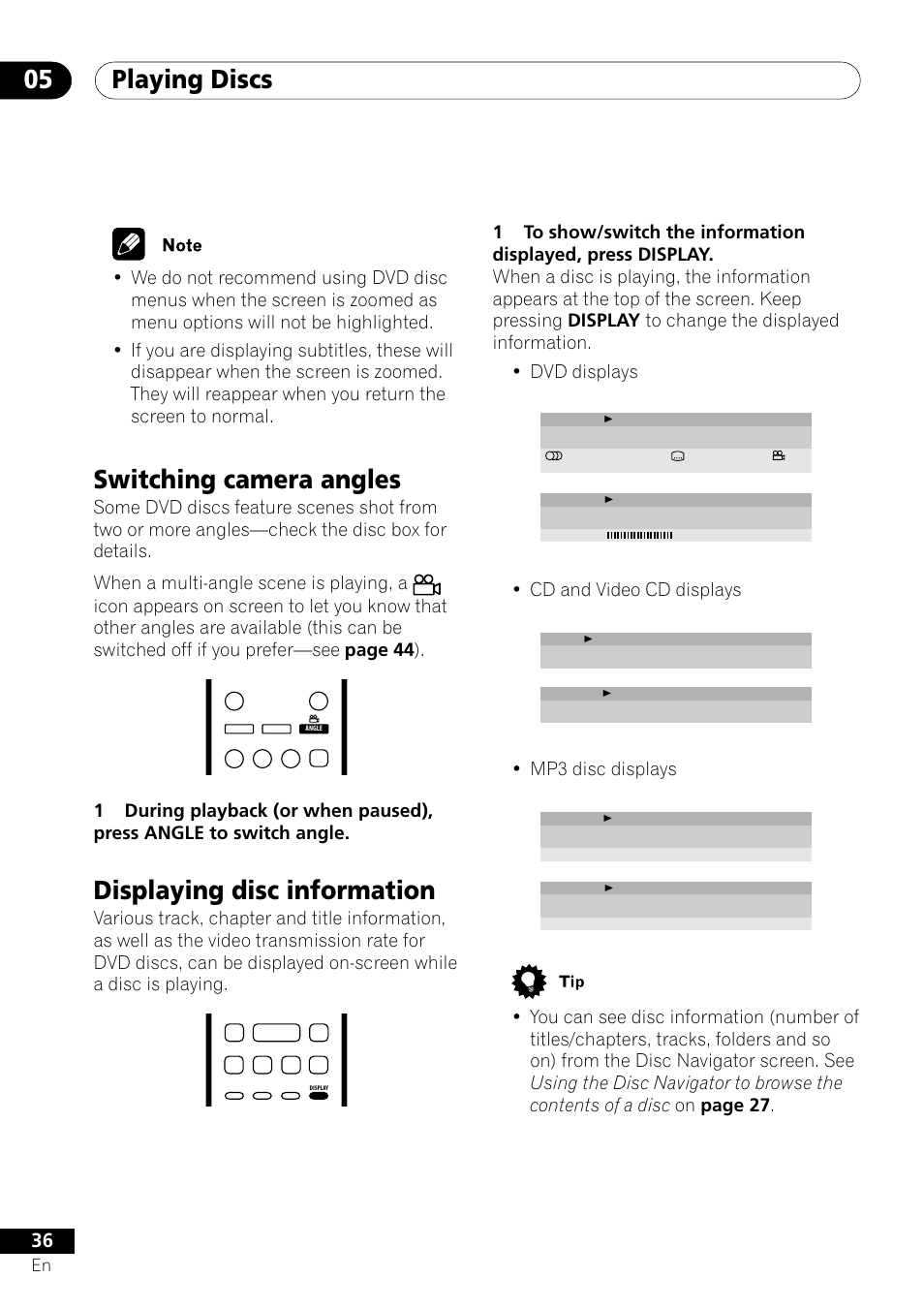 Playing discs 05, Switching camera angles, Displaying disc information | Cd and video cd displays, Mp3 disc displays | Pioneer DV-U7 User Manual | Page 36 / 56