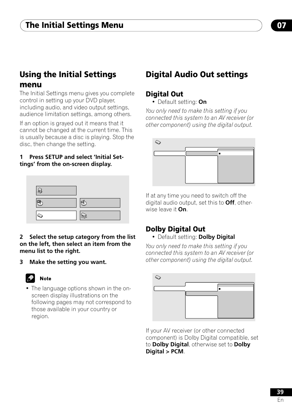 Digital out dolby digital out, The initial settings menu 07, Digital audio out settings | Using the initial settings menu, Digital out, Dolby digital out | Pioneer DV-U7 User Manual | Page 39 / 56