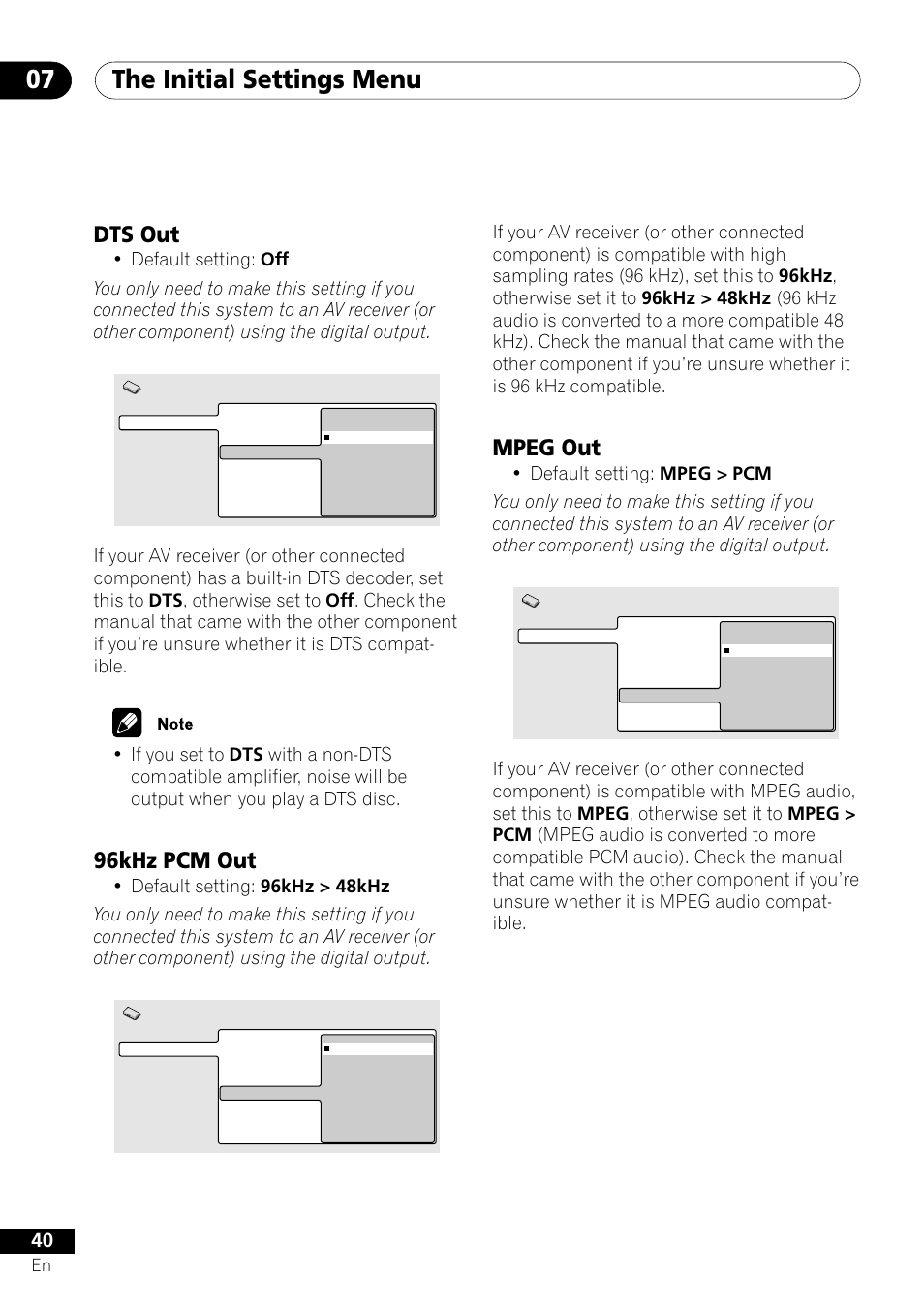 Dts out 96khz pcm out mpeg out, The initial settings menu 07, Mpeg out | Dts out, 96khz pcm out | Pioneer DV-U7 User Manual | Page 40 / 56