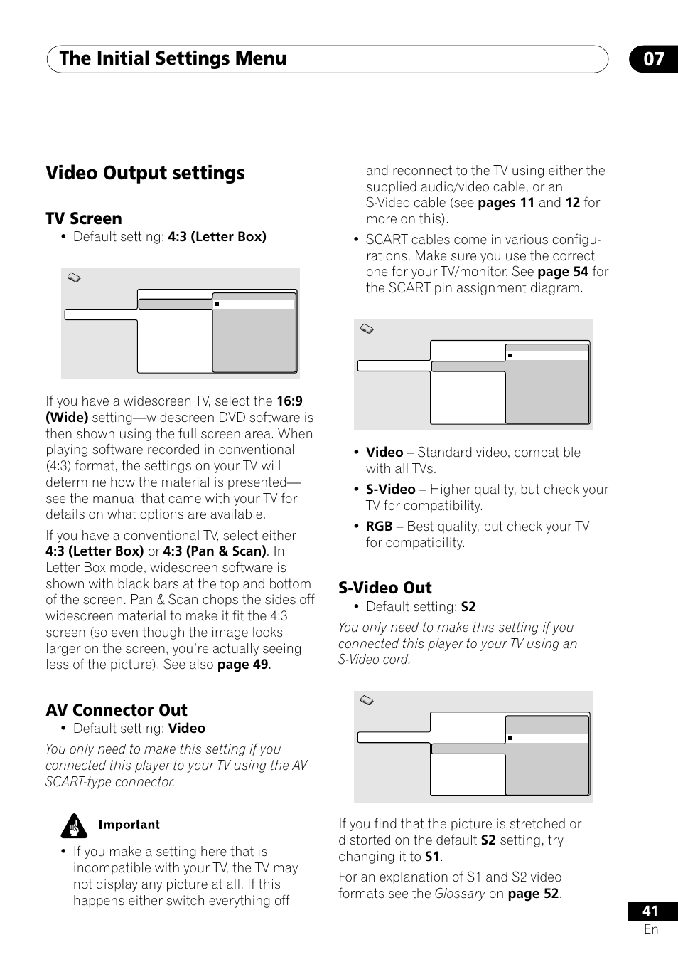 Video output settings, Tv screen av connector out s-video out, The initial settings menu 07 | S-video out, Tv screen, Av connector out, Default setting: 4:3 (letter box) | Pioneer DV-U7 User Manual | Page 41 / 56