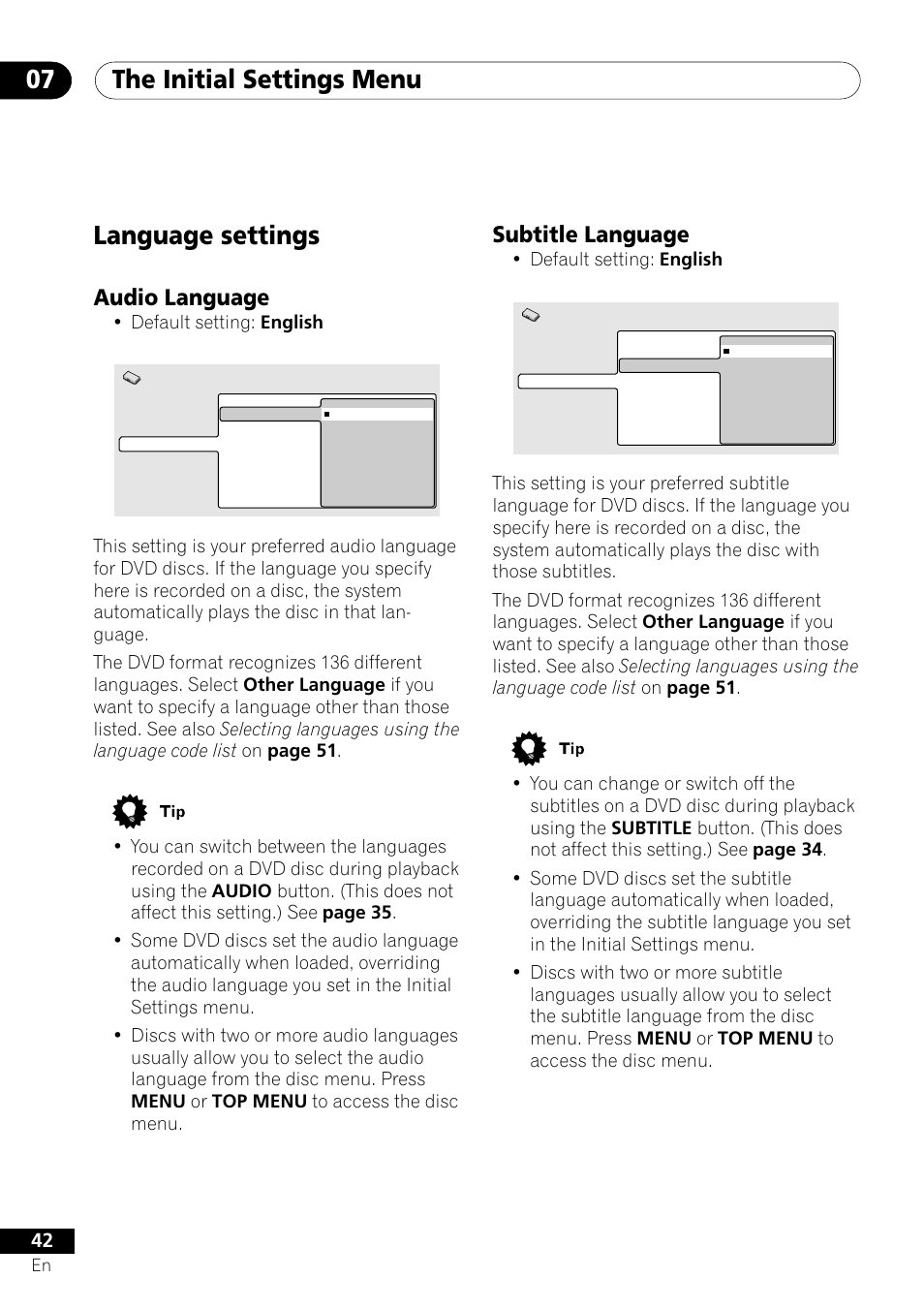 Language settings, Audio language subtitle language, The initial settings menu 07 | Subtitle language, Audio language, Default setting: english | Pioneer DV-U7 User Manual | Page 42 / 56