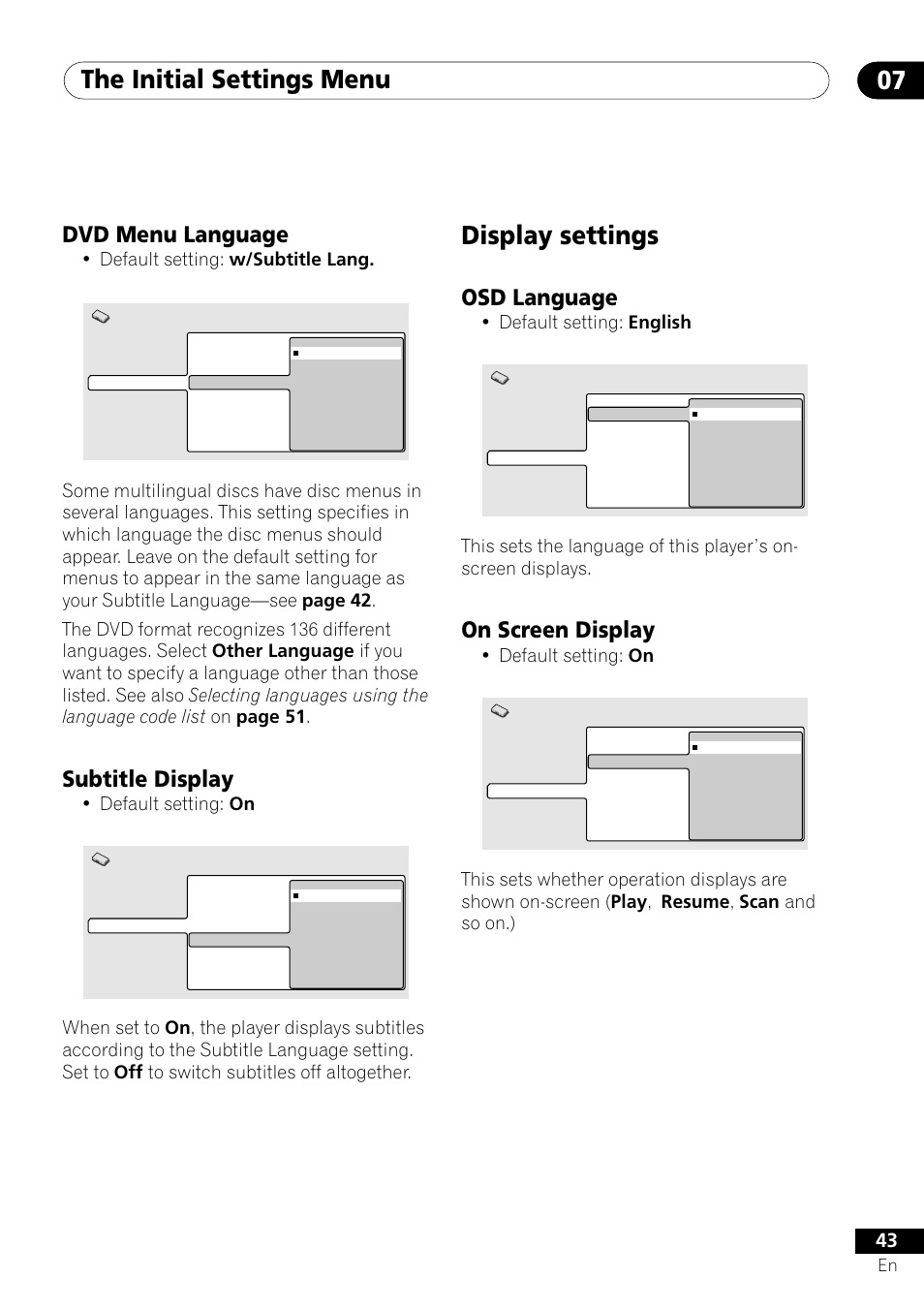 Dvd menu language subtitle display, Display settings, Osd language on screen display | The initial settings menu 07, Osd language, On screen display, Dvd menu language, Subtitle display, Default setting: english, Default setting: on | Pioneer DV-U7 User Manual | Page 43 / 56