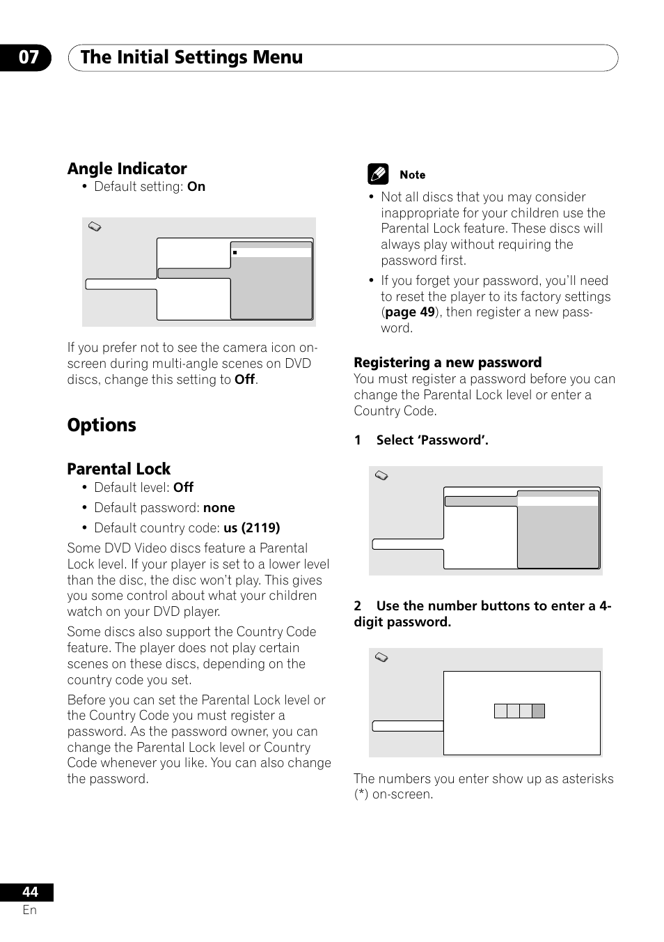 Angle indicator, Options, Parental lock | Registering a new password, The initial settings menu 07, Default setting: on | Pioneer DV-U7 User Manual | Page 44 / 56