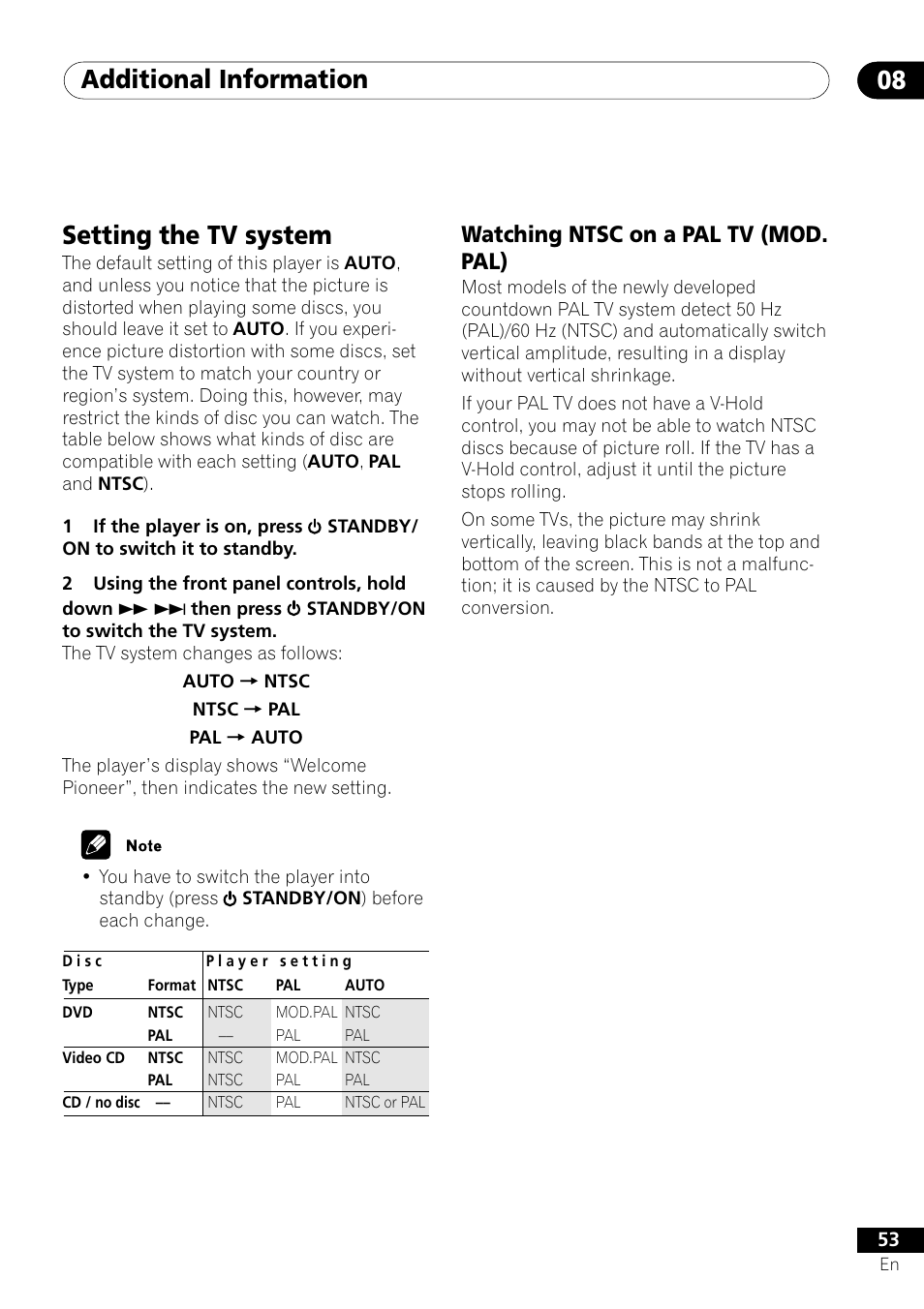 Setting the tv system, Watching ntsc on a pal tv (mod. pal), Additional information 08 | Pioneer DV-U7 User Manual | Page 53 / 56