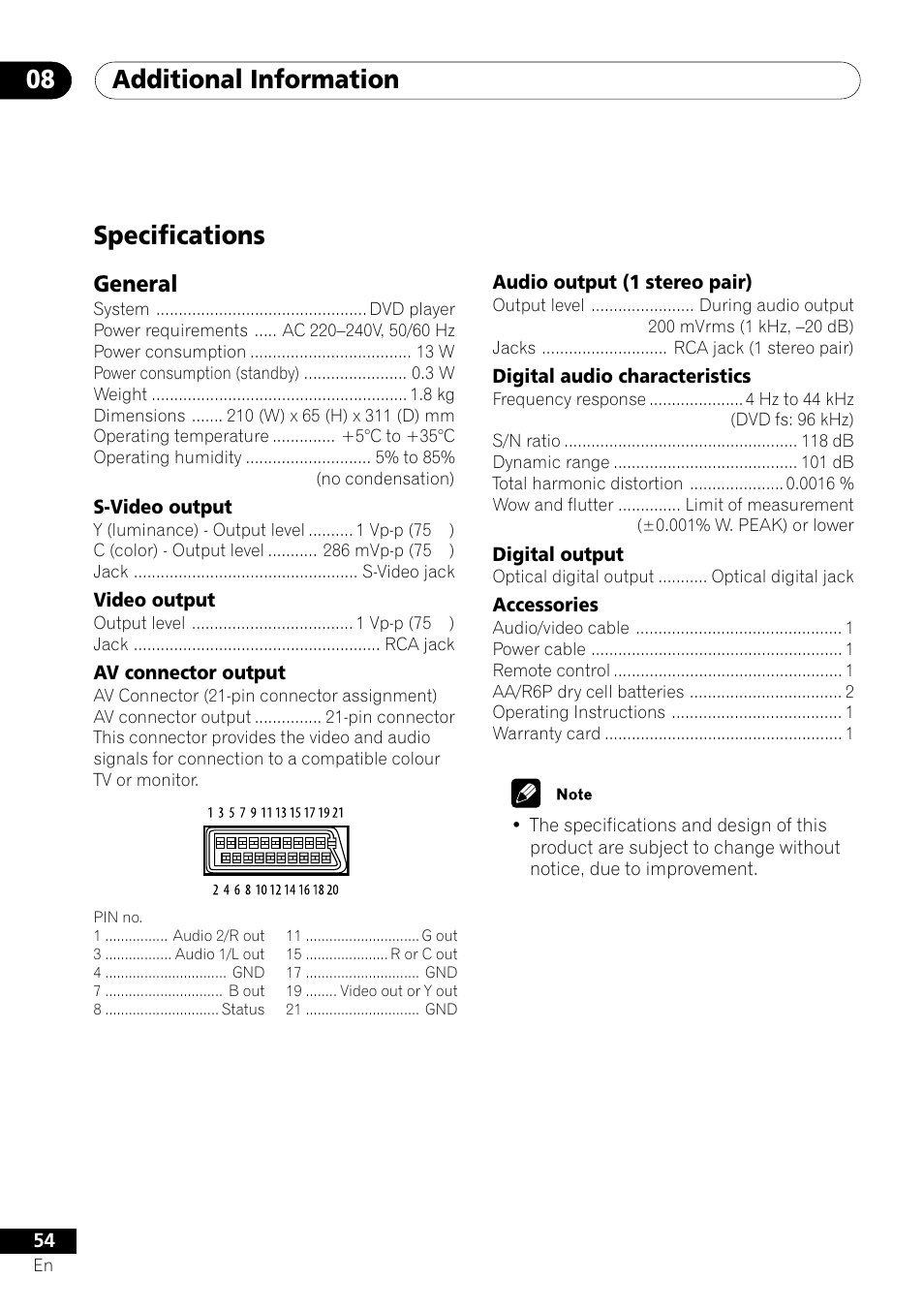 Specifications, Additional information 08, General | Pioneer DV-U7 User Manual | Page 54 / 56