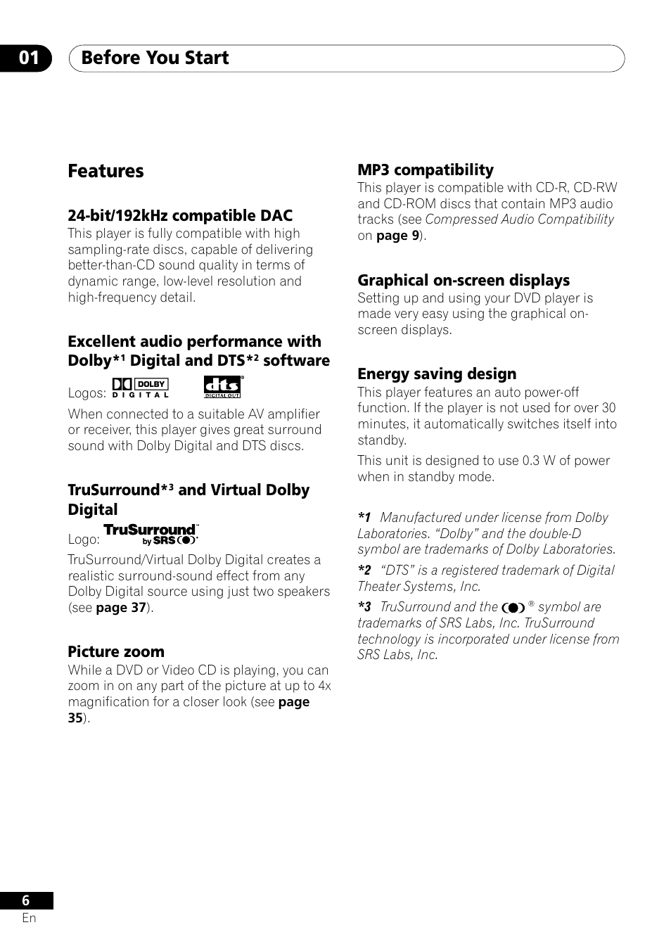 Features, Before you start 01 | Pioneer DV-U7 User Manual | Page 6 / 56