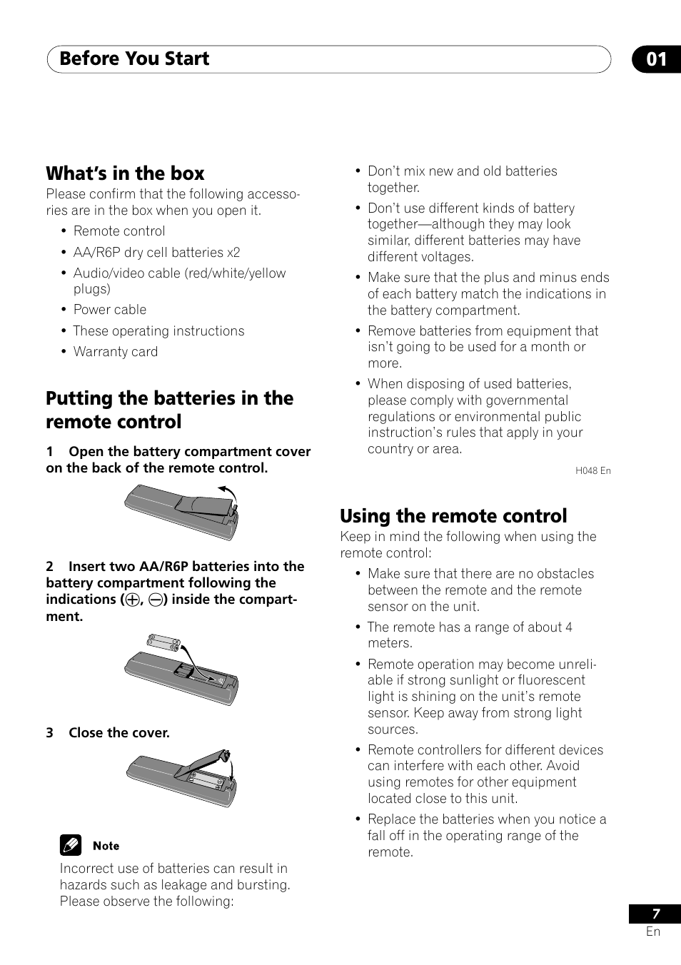 Before you start 01, Using the remote control, What’s in the box | Putting the batteries in the remote control | Pioneer DV-U7 User Manual | Page 7 / 56