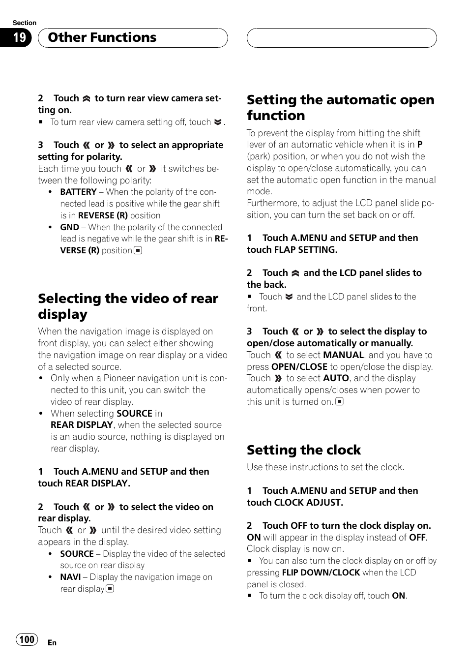 Selecting the video of rear display, Setting the automatic open function, Setting the clock | Other functions | Pioneer AVH-P6600DVD User Manual | Page 100 / 120