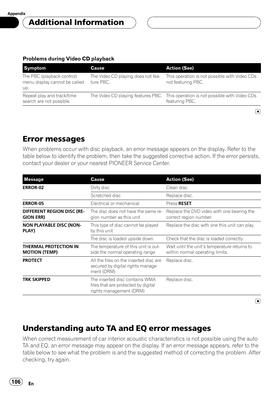 Messages 106, Under, Standing auto ta and eq error messages on | Error messages, Understanding auto ta and eq error messages, Additionalinformation | Pioneer AVH-P6600DVD User Manual | Page 106 / 120