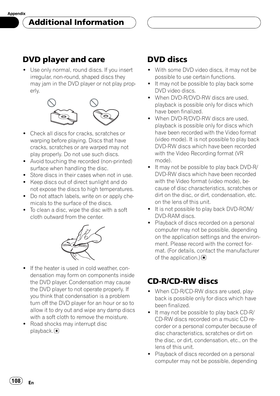 Dvd player and care, Dvd discs, Cd-r/cd-rw discs | Additionalinformation | Pioneer AVH-P6600DVD User Manual | Page 108 / 120