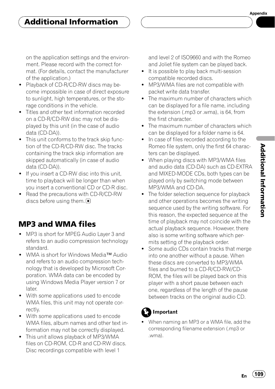 Mp3 and wma files 109, Mp3 and wma files, Additionalinformation | Pioneer AVH-P6600DVD User Manual | Page 109 / 120