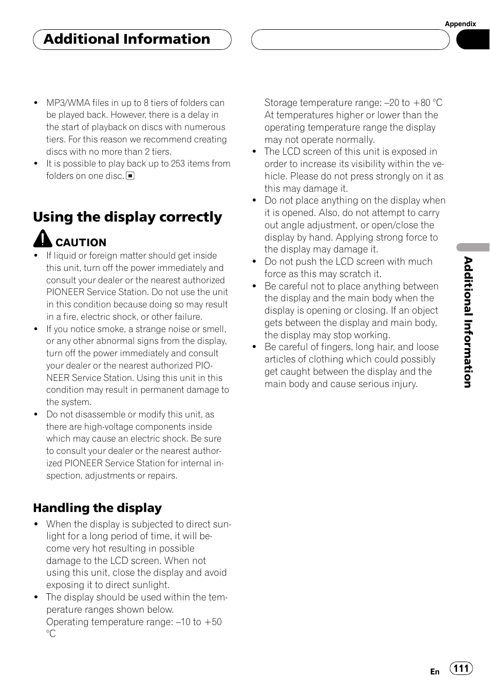 Using the display correctly 111, Using the display correctly, Additionalinformation | Handling the display | Pioneer AVH-P6600DVD User Manual | Page 111 / 120