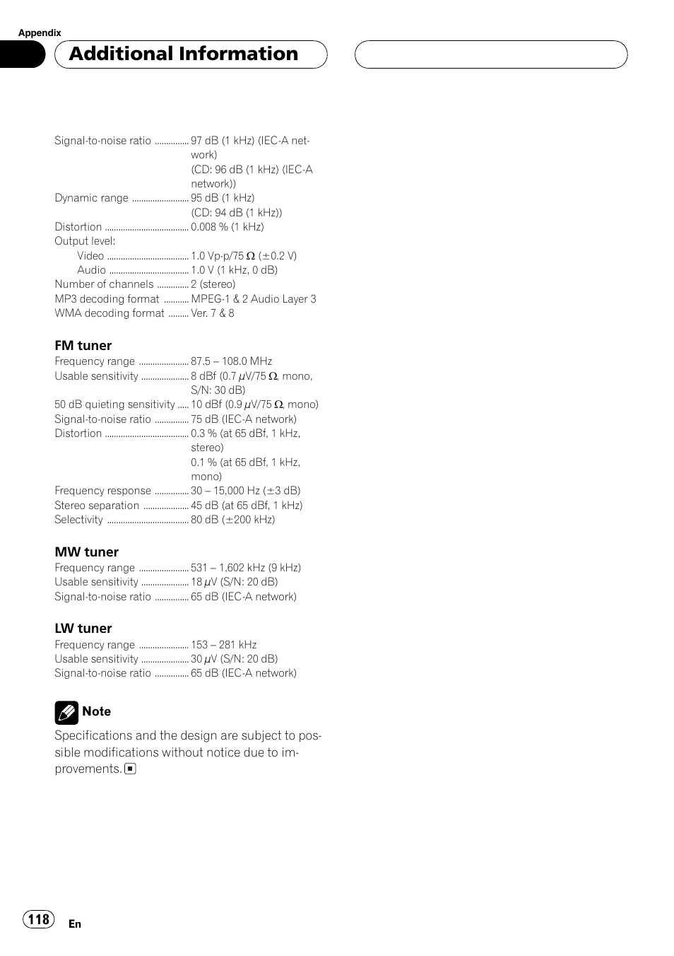 Additionalinformation | Pioneer AVH-P6600DVD User Manual | Page 118 / 120