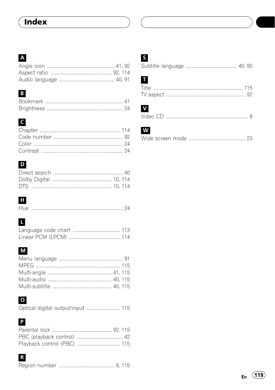 Index 119, Index | Pioneer AVH-P6600DVD User Manual | Page 119 / 120