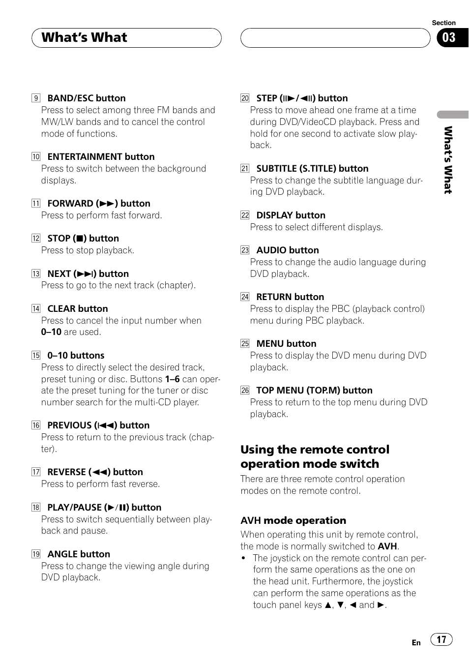 Using the remote control, Whats what, Using the remote control operation mode switch | Pioneer AVH-P6600DVD User Manual | Page 17 / 120