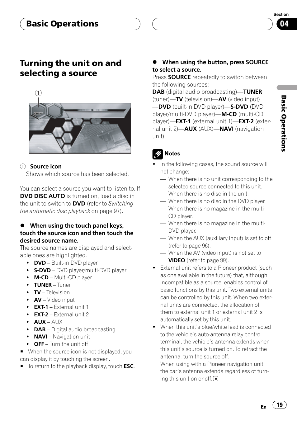 Source 19, Turning the unit on and selecting a source, Basic operations | Pioneer AVH-P6600DVD User Manual | Page 19 / 120