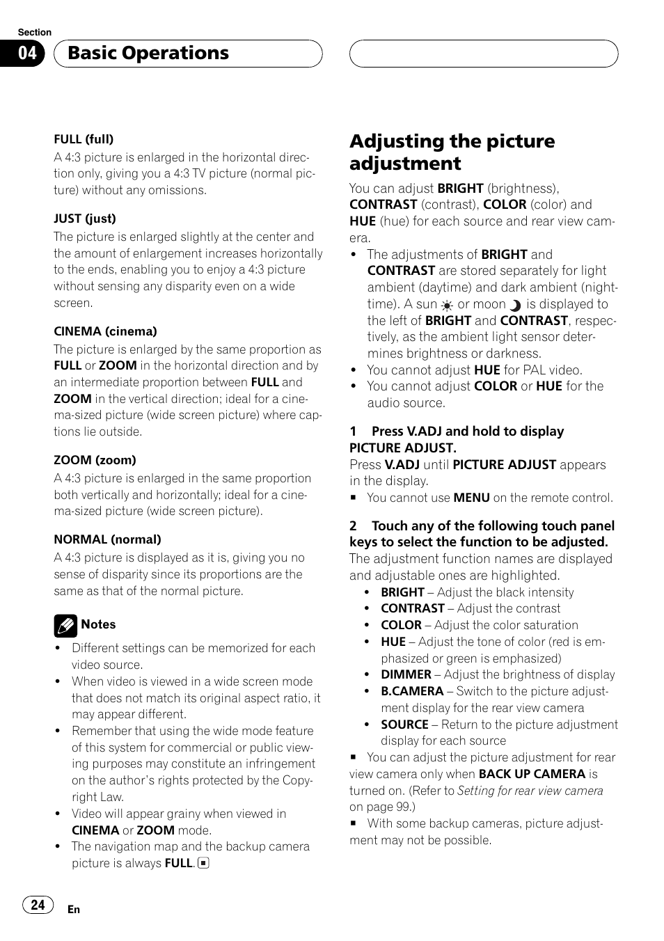 Adjusting the picture adjustment 24, Adjusting the picture adjustment, Basic operations | Pioneer AVH-P6600DVD User Manual | Page 24 / 120