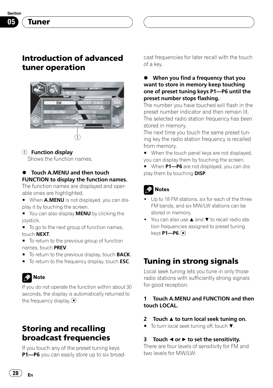 Introduction of advanced tuner, Operation 28, Storing and recalling broadcast | Frequencies 28, Tuning in strong signals 28, Introduction of advanced tuner operation, Storing and recalling broadcast frequencies, Tuning in strong signals, Tuner | Pioneer AVH-P6600DVD User Manual | Page 28 / 120