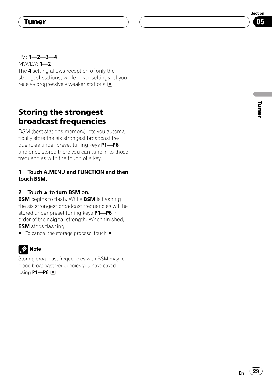 Storing the strongest broadcast, Frequencies 29, Storing the strongest broadcast frequencies | Tuner | Pioneer AVH-P6600DVD User Manual | Page 29 / 120