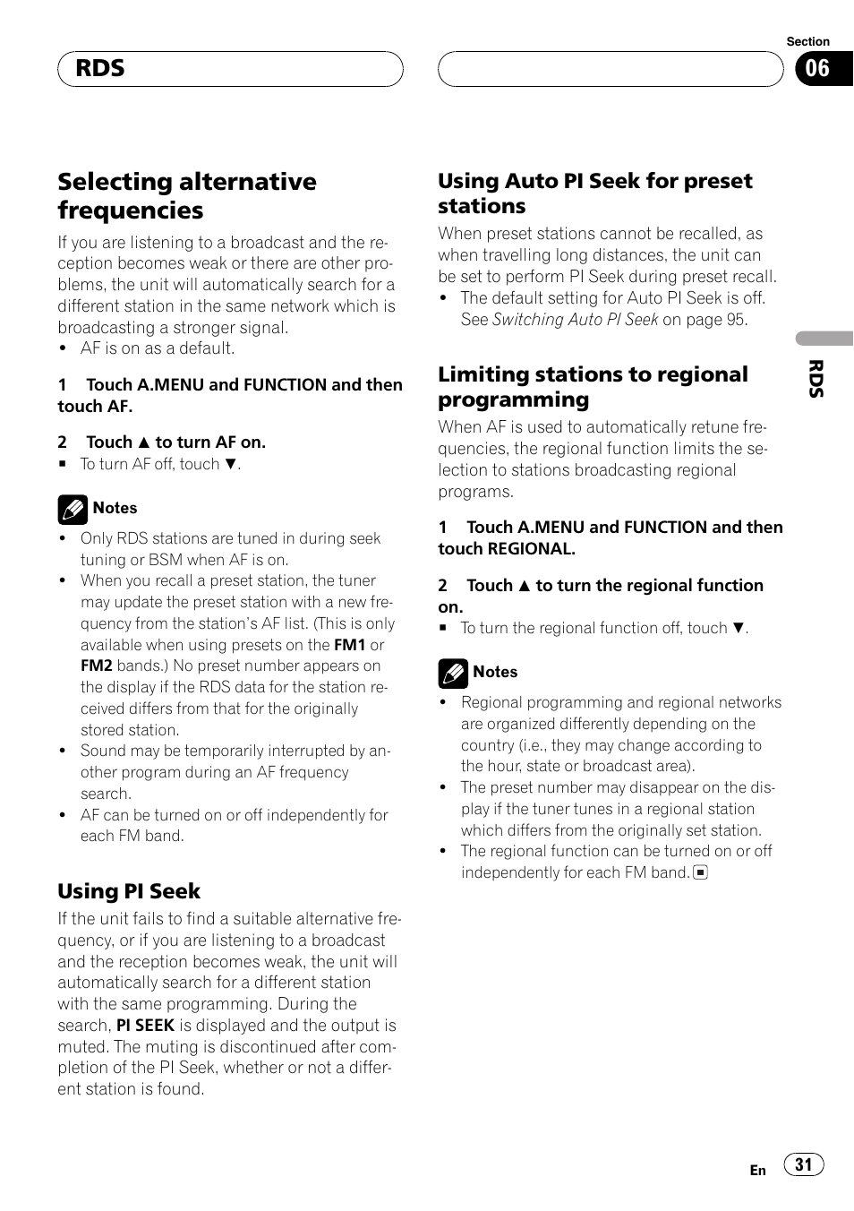 Selecting alternative frequencies 31, Selecting alternative frequencies, Using pi seek | Using auto pi seek for preset stations, Limiting stations to regional programming | Pioneer AVH-P6600DVD User Manual | Page 31 / 120