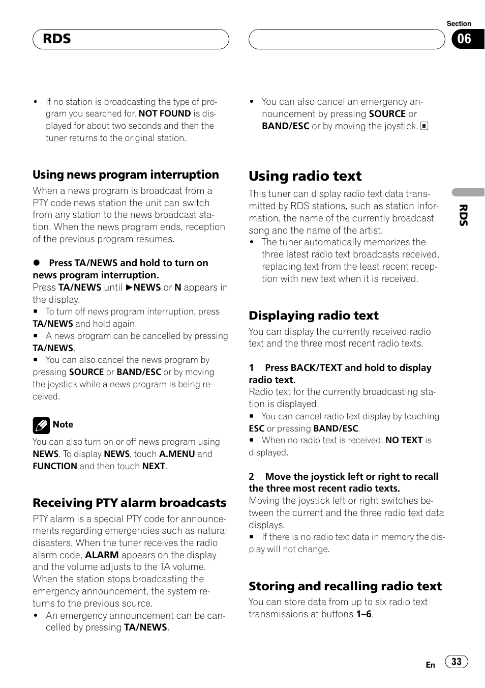 Using radio text 33, Using radio text, Using news program interruption | Receiving pty alarm broadcasts, Displaying radio text, Storing and recalling radio text | Pioneer AVH-P6600DVD User Manual | Page 33 / 120