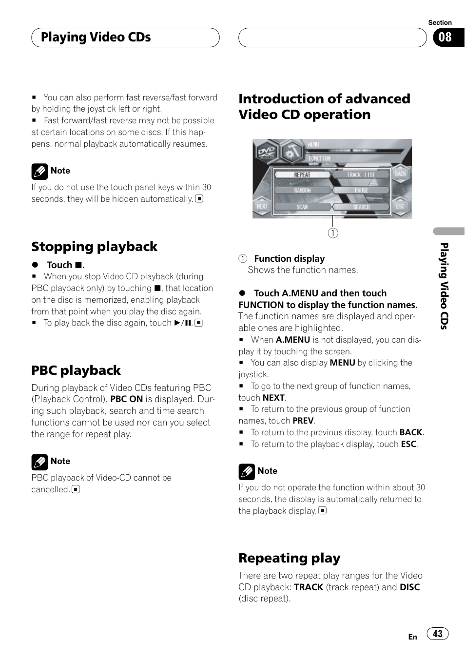 Operation 43, Repeating play 43, Stopping playback | Pbc playback, Introduction of advanced video cd operation, Repeating play, Playing video cds | Pioneer AVH-P6600DVD User Manual | Page 43 / 120