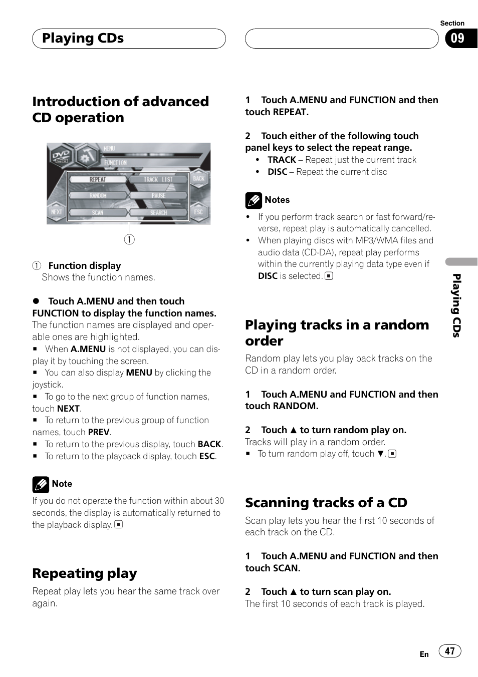 Introduction of advanced cd operation, Repeating play, Playing tracks in a random order | Scanning tracks of a cd, Playing cds | Pioneer AVH-P6600DVD User Manual | Page 47 / 120